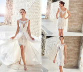 Sexy Bohemian Short Mermaid Wedding Dresses With Detachable Skirt Appliques Beach robes Wedding Dress Bridal Gowns Vestidos Gray